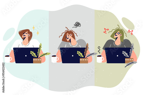 Woman office worker begins to suffer due to burnout and lack of rest or overdose of caffeine