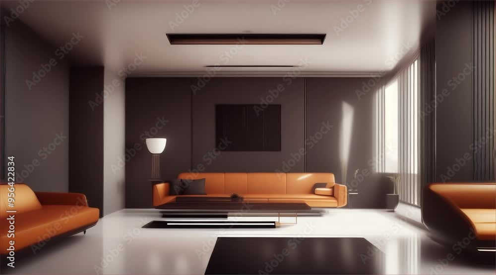Modern living room interior with a sofa, table, featuring luxury design elements, comfortable furniture and windows that let in natural light. Modern living room interior with a sofa, table, featuring luxury design elements, comfortable furniture and windows that let in natural light.