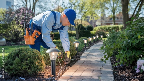 Electrician installing garden lighting on a bright day