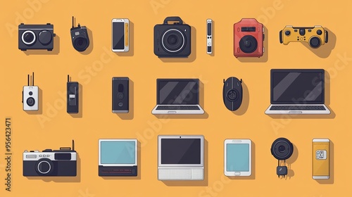 2. Minimalistic 2D graphic elements collection for a technology website, featuring icons for different types of gadgets like smartphones, laptops, and tablets.