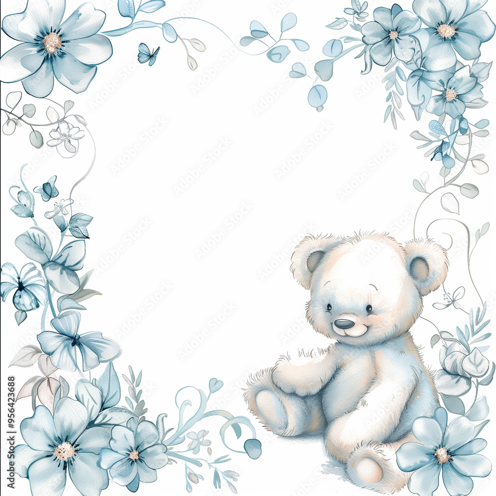 Cute frame or card template with teddy bear and hearts in pastel blue for babies and newborns. Perfect for baby shower, kids party, birthday wishes or invitations, social media posts. Vector illustrat Cute frame or card template with teddy bear and hearts in pastel blue for babies and newborns. Perfect for baby shower, kids party, birthday wishes or invitations, social media posts. Vector illustrat