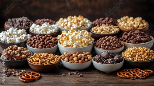 Sweet and Savory Snacks: A combination of sweet and savory snacks like pretzels, caramel popcorn, and chocolate-covered nuts, arranged for maximum appeal.