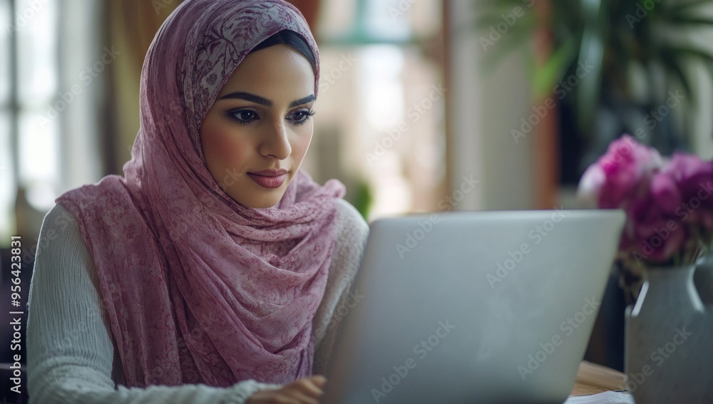 close-up photo of woman in pink hijab is sitting at her desk, working on laptop close-up photo of woman in pink hijab is sitting at her desk, working on laptop