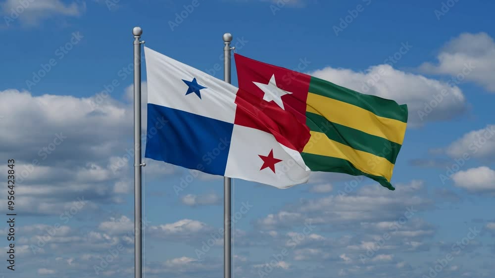 Togo, Togolese Republic and Panama flags flying together, video concept of the relationship, two country cooperation concept Togo, Togolese Republic and Panama flags flying together, video concept of the relationship, two country cooperation concept