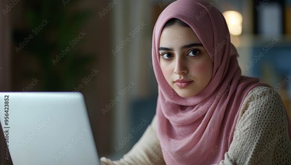 portrait of woman in pink hijab is sitting at her desk, working on laptop portrait of woman in pink hijab is sitting at her desk, working on laptop