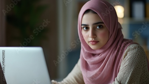 portrait of woman in pink hijab is sitting at her desk, working on laptop 