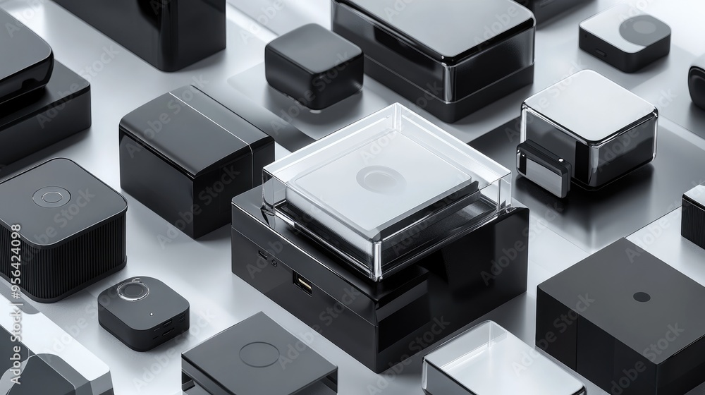 Packaging for electronic gadgets, featuring clear plastic and sleek black designs, emphasizing modern tech. Packaging for electronic gadgets, featuring clear plastic and sleek black designs, emphasizing modern tech.