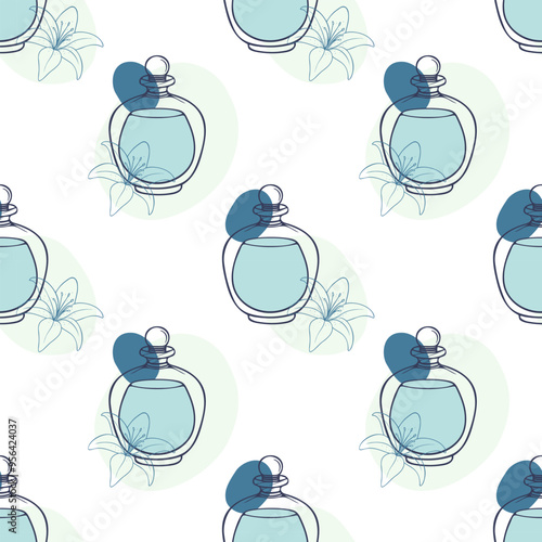 Elegant perfume bottles pattern, with lily in minimalist style featuring soft blue colors and simple line art, in boho style.