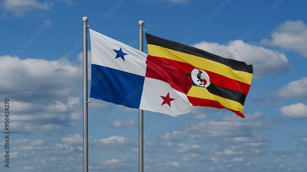 Republic of Uganda and Panama flags flying together, video concept of the relationship, two country cooperation concept Republic of Uganda and Panama flags flying together, video concept of the relationship, two country cooperation concept