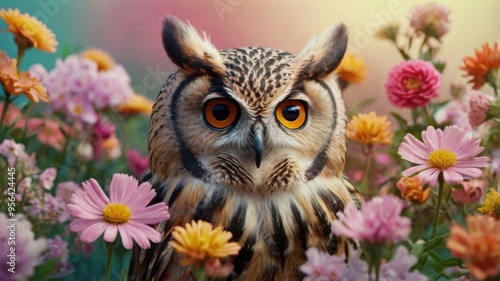 A wise owl perched among colorful flowers, blending nature's beauty with its calm presence in a vibrant garden.