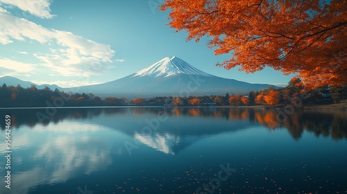 View of Mount Fuji during koyo season with a maple tree from Lake Kawaguchi Yamanashi Japan : Generative AI photo