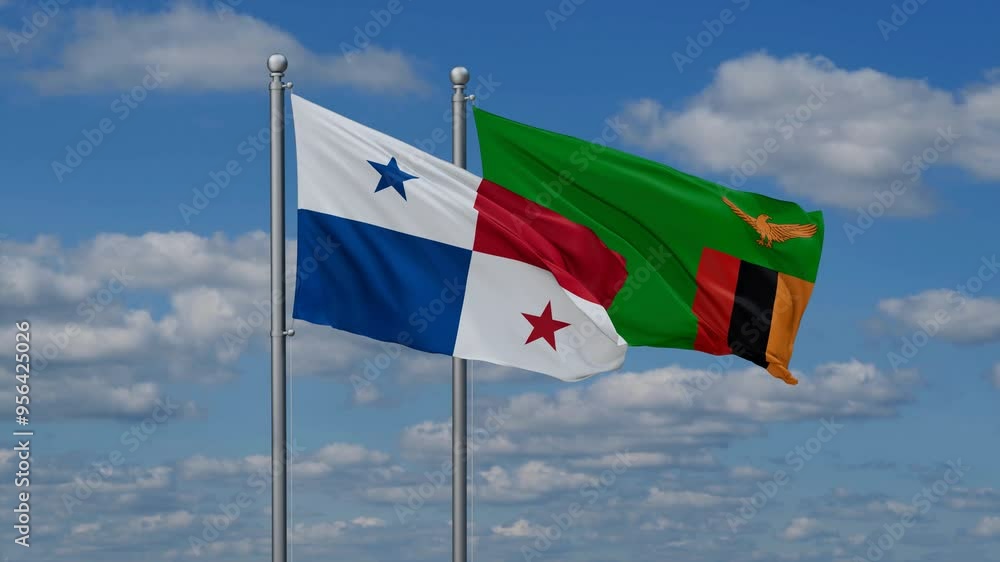 Zambia and Panama flags flying together, video concept of the relationship, two country cooperation concept Zambia and Panama flags flying together, video concept of the relationship, two country cooperation concept