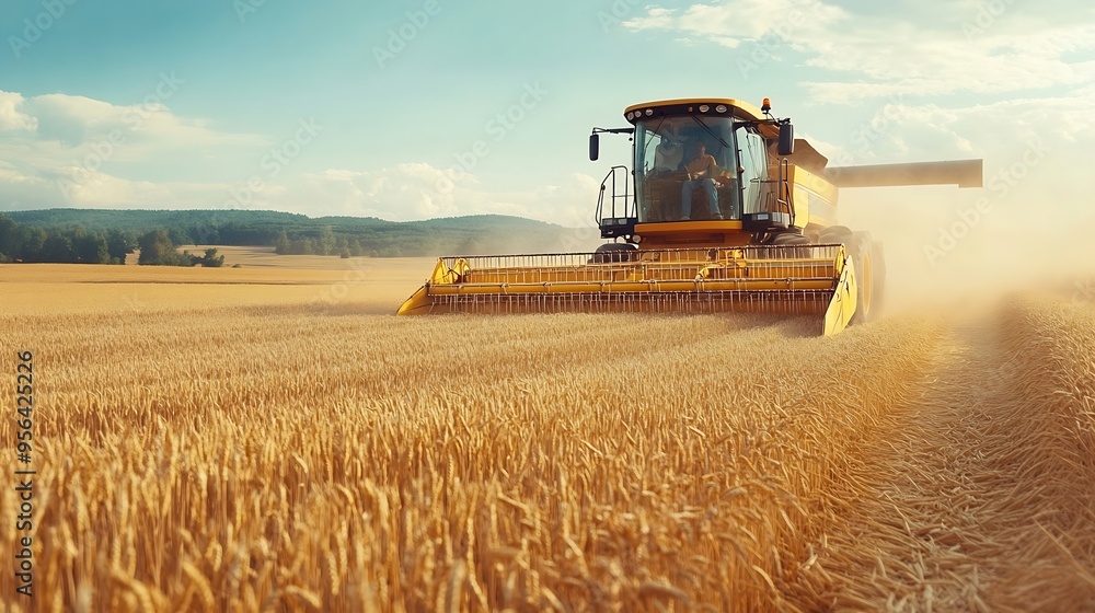 Obraz premium Combine harvester at farm harvesting wheat crop field : Generative AI