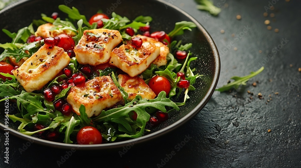 Salad with fried Halloumi cheese cherry tomatoes arugula and pomegranate seeds healthy food vertical photo : Generative AI Salad with fried Halloumi cheese cherry tomatoes arugula and pomegranate seeds healthy food vertical photo : Generative AI