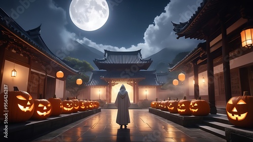 Mysterious scene with hooded figure and Japanese buildings under full moon, pumpkins scattered. Perfect for Halloween or spookythemed designs. photo