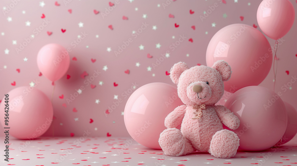 Girl pink vector background with hearts, balloons and teddy bear Girl pink vector background with hearts, balloons and teddy bear