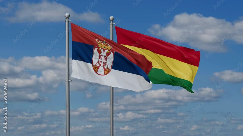 Bolivia and Serbia flags flying together, video concept of the relationship, two country relations concept Bolivia and Serbia flags flying together, video concept of the relationship, two country relations concept