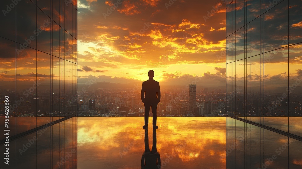 Businessman Standing in Modern Office with Panoramic City View at Sunset Businessman Standing in Modern Office with Panoramic City View at Sunset