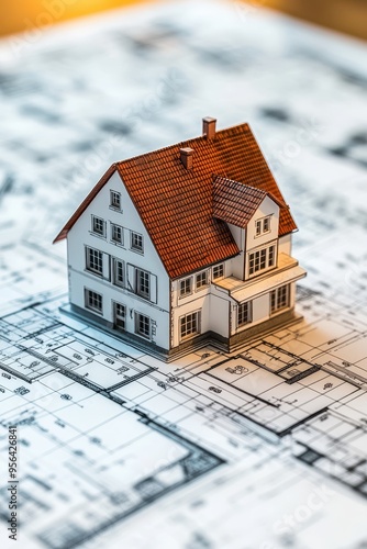 Architectural Model of a Modern House on Detailed Blueprints with Red Roof and White Walls