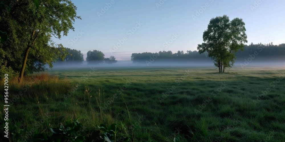 Dawn breaking over a foggy field, serene and mystical atmosphere, with copyspace Dawn breaking over a foggy field, serene and mystical atmosphere, with copyspace