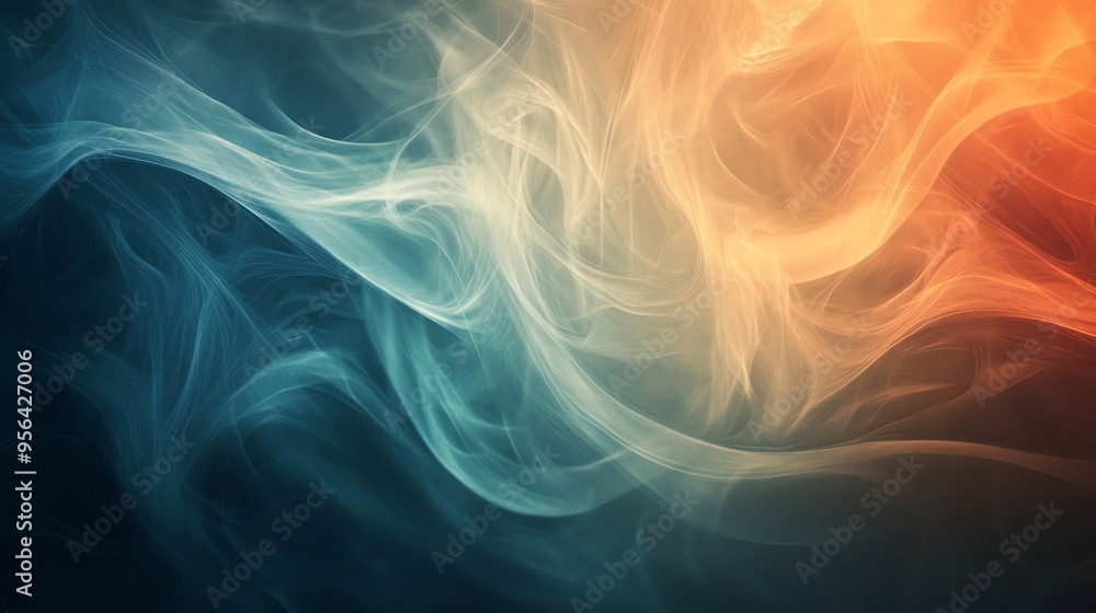 Fototapeta premium Abstract background with swirling smoke in shades of blue, orange, and white.