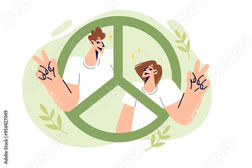 Peace sign with man and woman showing v gesture calling for end of war and friendship between people