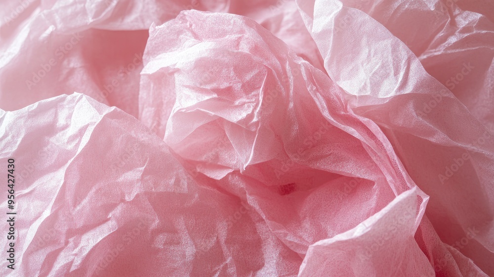 Fototapeta premium Textured tissue paper in light pink with crinkles and folds, offering a soft and delicate background for designs.