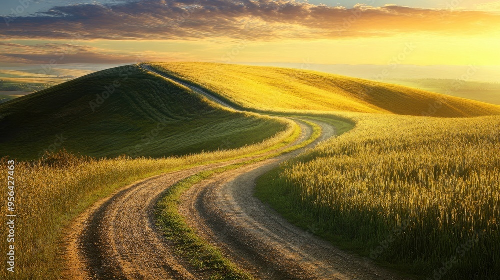 Majestic Sunset in Tuscany with a Winding Road and Green--Golden Wheat Field - Beautiful Nature Majestic Sunset in Tuscany with a Winding Road and Green--Golden Wheat Field - Beautiful Nature