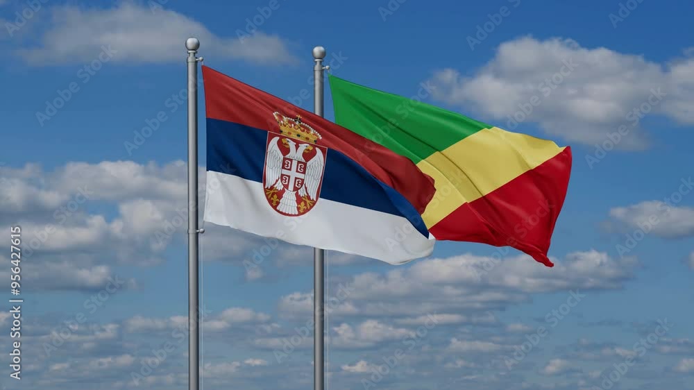 Republic of the Congo and Serbia flags flying together, video concept of the relationship, two country relations concept Republic of the Congo and Serbia flags flying together, video concept of the relationship, two country relations concept