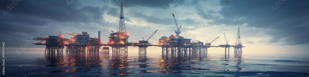 Offshore oil and gas platform in ocean. Petroleum platforms or crane.wide banner Offshore oil and gas platform in ocean. Petroleum platforms or crane.wide banner