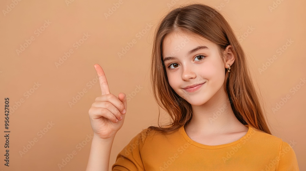 A girl with long brown hair is pointing to the sky with her finger A girl with long brown hair is pointing to the sky with her finger