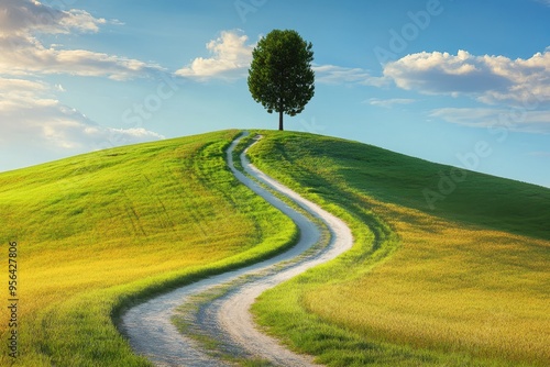 Tuscany landscape featuring a winding dirt road leading up a grassy hill with a solitary tree - the tranquil beauty of the countryside at sunset photo