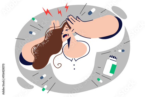 Woman addicted to antidepressants clutches head, standing among scattered pills.