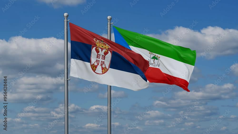 Equatorial Guinea and Serbia flags flying together, video concept of the relationship, two country relations concept Equatorial Guinea and Serbia flags flying together, video concept of the relationship, two country relations concept