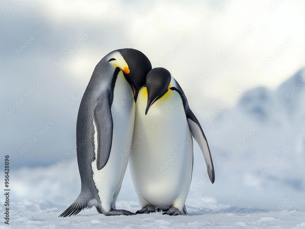 Obraz premium Two penguins standing next to each other on a snowy surface