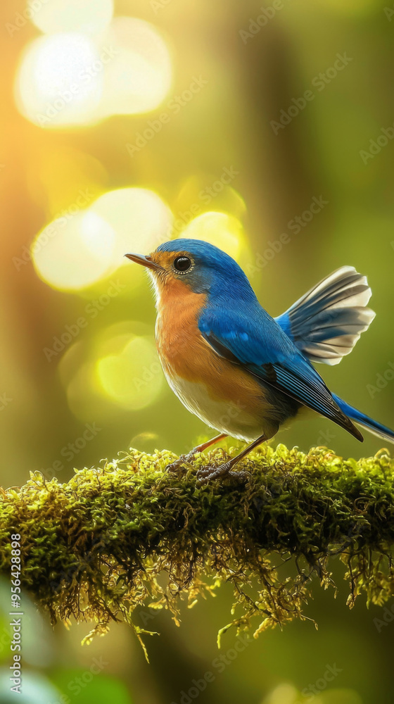 Obraz premium A blue and orange bird is perched on a mossy branch
