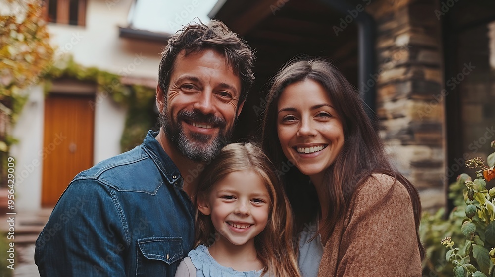Happy family standing in front of house : Generative AI Happy family standing in front of house : Generative AI