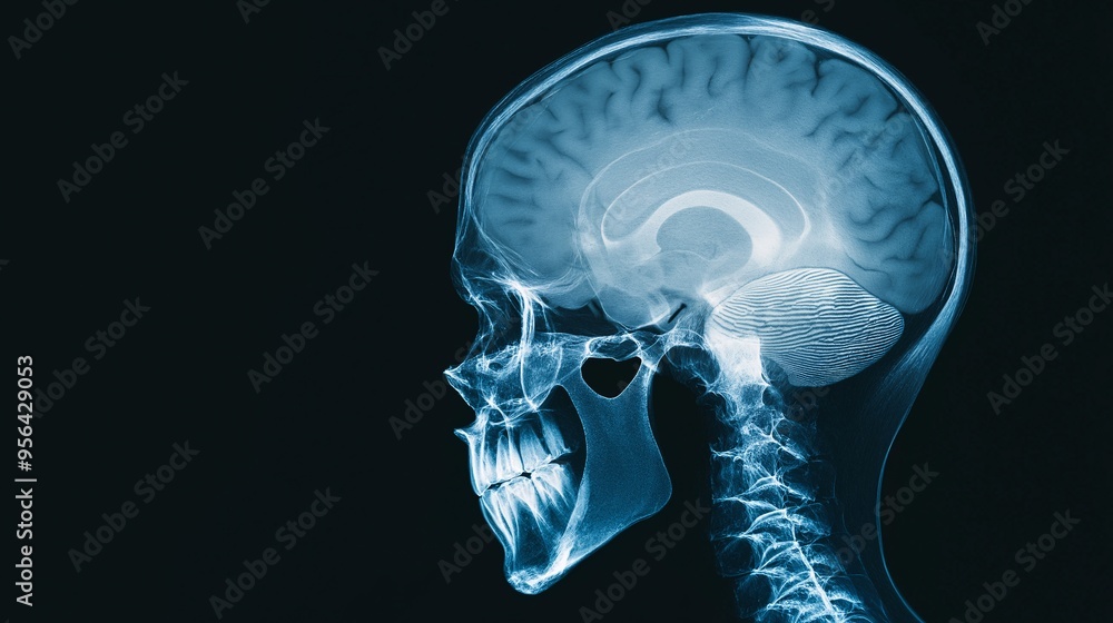X-ray Brain: A detailed medical illustration of the human skull and brain, rendered in a captivating x-ray style. The image showcases the intricate anatomy of the brain X-ray Brain: A detailed medical illustration of the human skull and brain, rendered in a captivating x-ray style. The image showcases the intricate anatomy of the brain