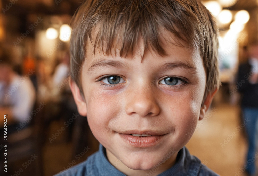 Light-haired toddler boy enjoying a meal at a restaurant with family on the weekend, happy and in a good mood, surrounded by other guests. Light-haired toddler boy enjoying a meal at a restaurant with family on the weekend, happy and in a good mood, surrounded by other guests.
