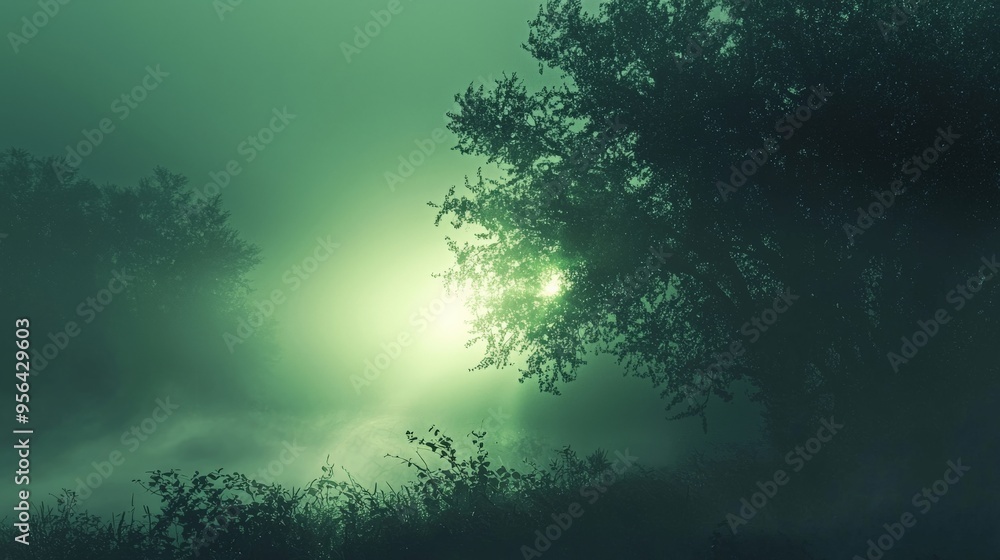 A soft green light glowing in the distance, creating a calm and soothing atmosphere A soft green light glowing in the distance, creating a calm and soothing atmosphere