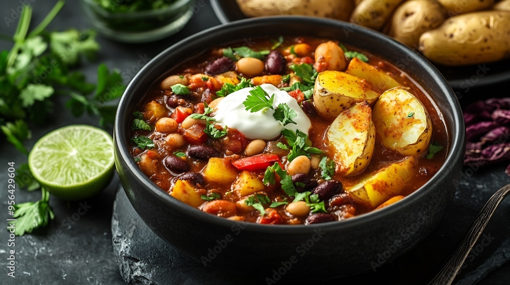 Spicy Bean Chilli with Baked Potato sour cream and lime Healthy Food : Generative AI Spicy Bean Chilli with Baked Potato sour cream and lime Healthy Food : Generative AI