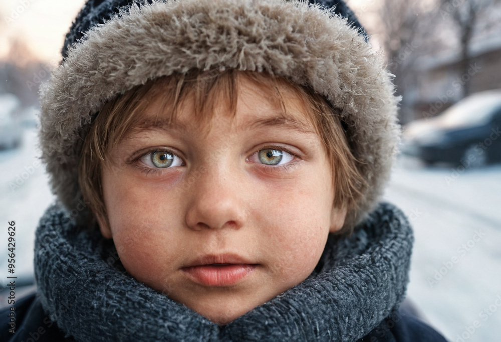 Little boy bundled in winter clothes, walking alone on a snowy street, facing the cold winter temperatures. Little boy bundled in winter clothes, walking alone on a snowy street, facing the cold winter temperatures.