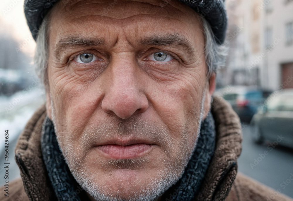 Mature man with a sad expression, wrapped in a winter scarf, standing outside on a cold rural road, facing loneliness and poverty. Mature man with a sad expression, wrapped in a winter scarf, standing outside on a cold rural road, facing loneliness and poverty.