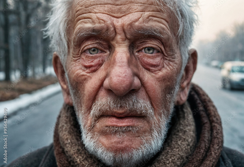 Sad elderly man, bundled in winter clothes, walking alone on a cold rural road, facing poverty and hardship. Sad elderly man, bundled in winter clothes, walking alone on a cold rural road, facing poverty and hardship.