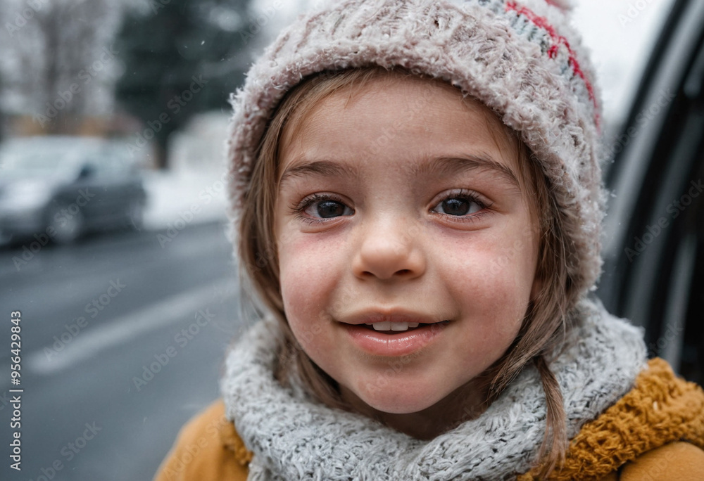 Cute toddler girl joyfully getting out of a car in winter, wearing a yellow jacket, winter hat, and scarf, with snow-covered streets and parked cars around her. Cute toddler girl joyfully getting out of a car in winter, wearing a yellow jacket, winter hat, and scarf, with snow-covered streets and parked cars around her.