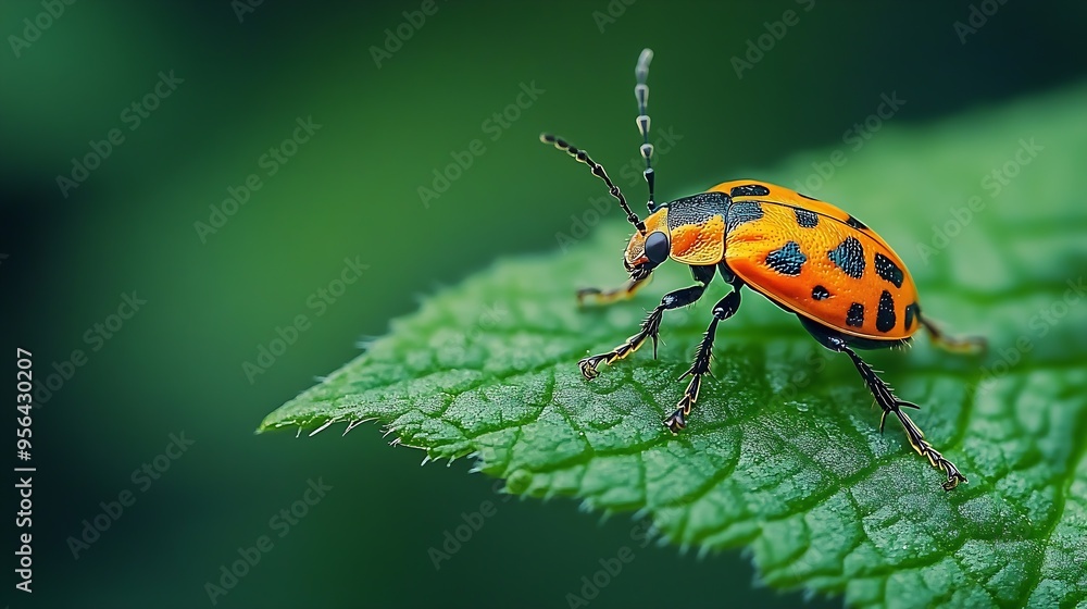 Fototapeta premium bug on green leaf in the wild nature macro A bug life : Generative AI