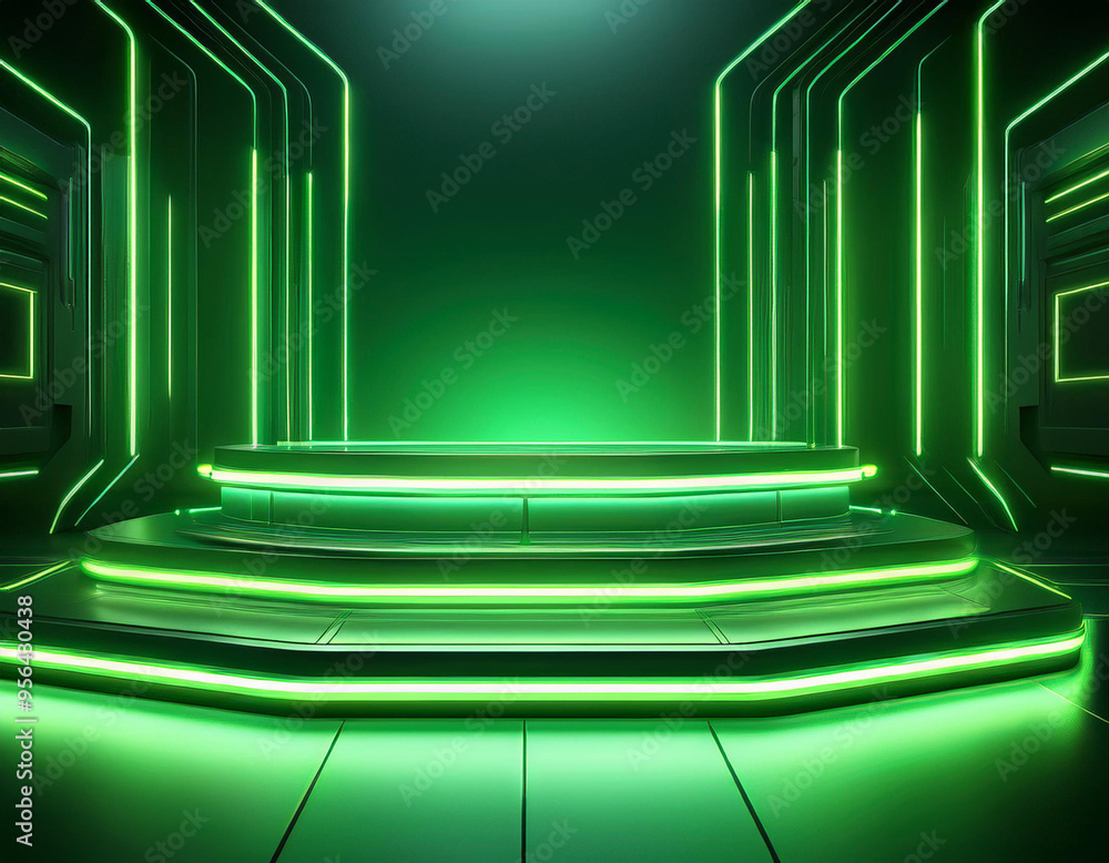 Fototapeta premium Technological Studio Background with Neon Panels in green Colors. Futuristic Podium for Product Presentation 