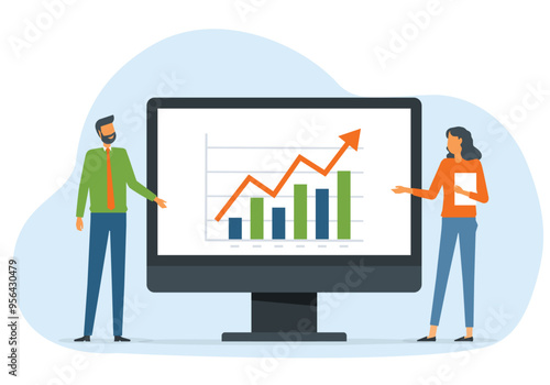 business finance investment. marketing team analytics report graph on computer . business people meeting and working concept. flat illustration cartoon character design 
