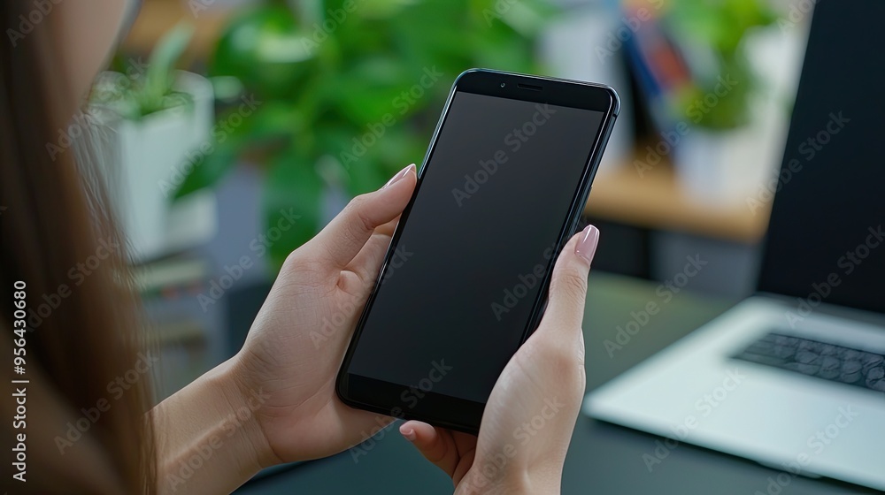 Mockup image of a hand holding mobile phone with blank screen in modern office Mockup image of a hand holding mobile phone with blank screen in modern office