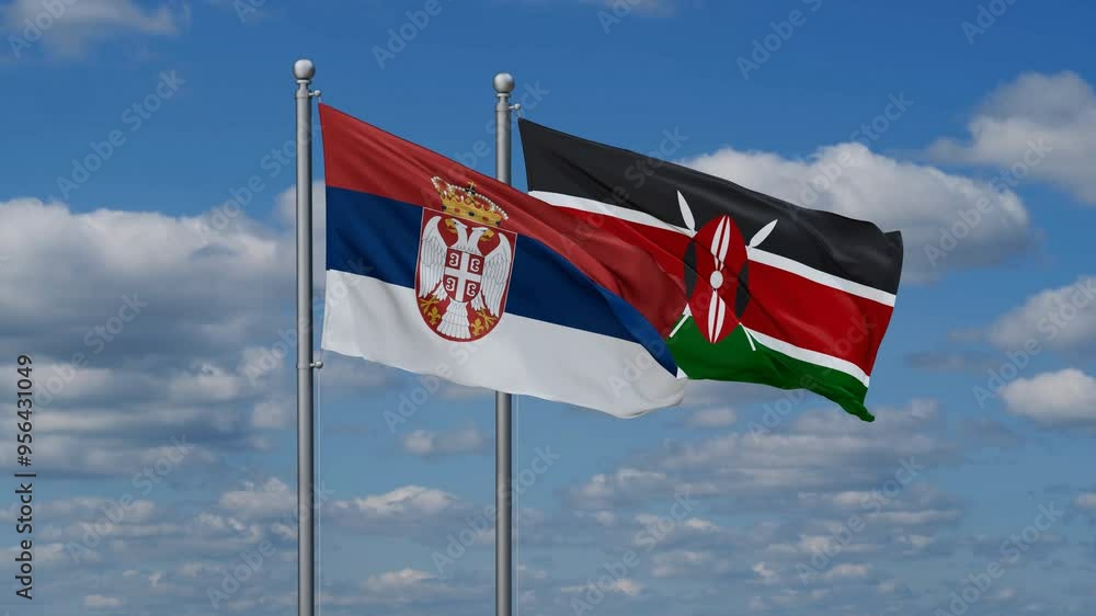 Kenya and Serbia flags flying together, video concept of the relationship, two country relations concept Kenya and Serbia flags flying together, video concept of the relationship, two country relations concept